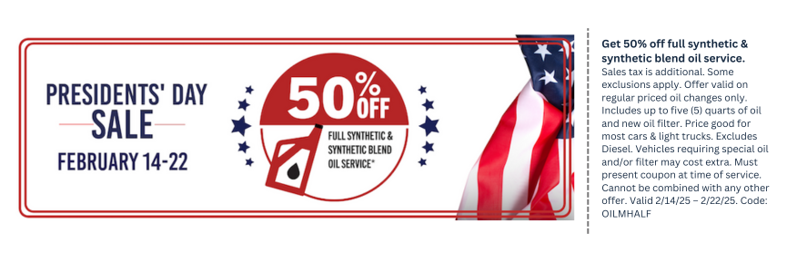 Get 50% off full synthetic & synthetic blend oil service